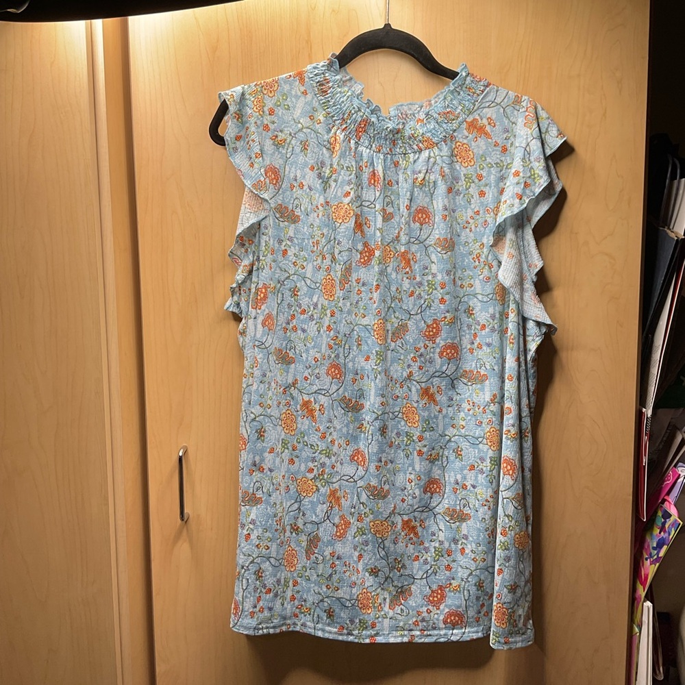 🇺🇸 MELLODAY Floral Ruffle Short Sleeve Blouse - Light Blue and Orange, Size 2X